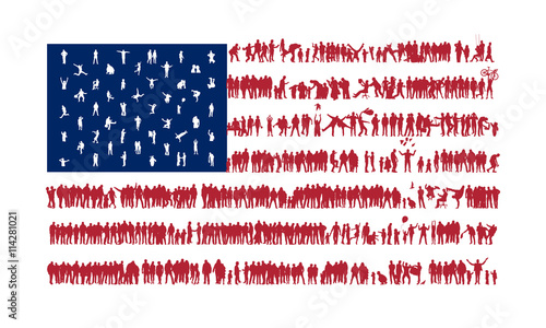 We are Family. American flag stylized silhouettes of crowds. American national flag silhouettes of different people. USA flag. Flag of the United States. USA flag people. USA flag design. USA nation.