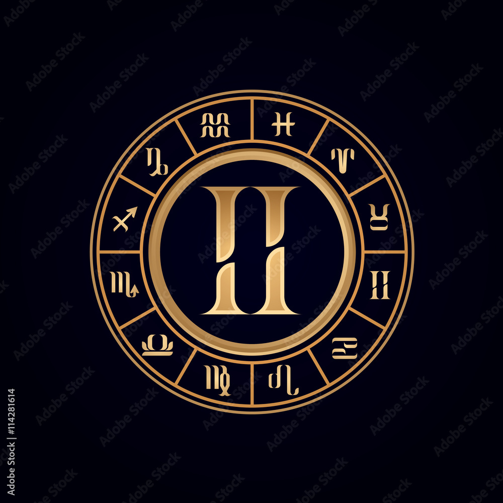 Gemini ,Luxury 12 Zodiac wheel cycle sign, designed using gold line color on dark blue background