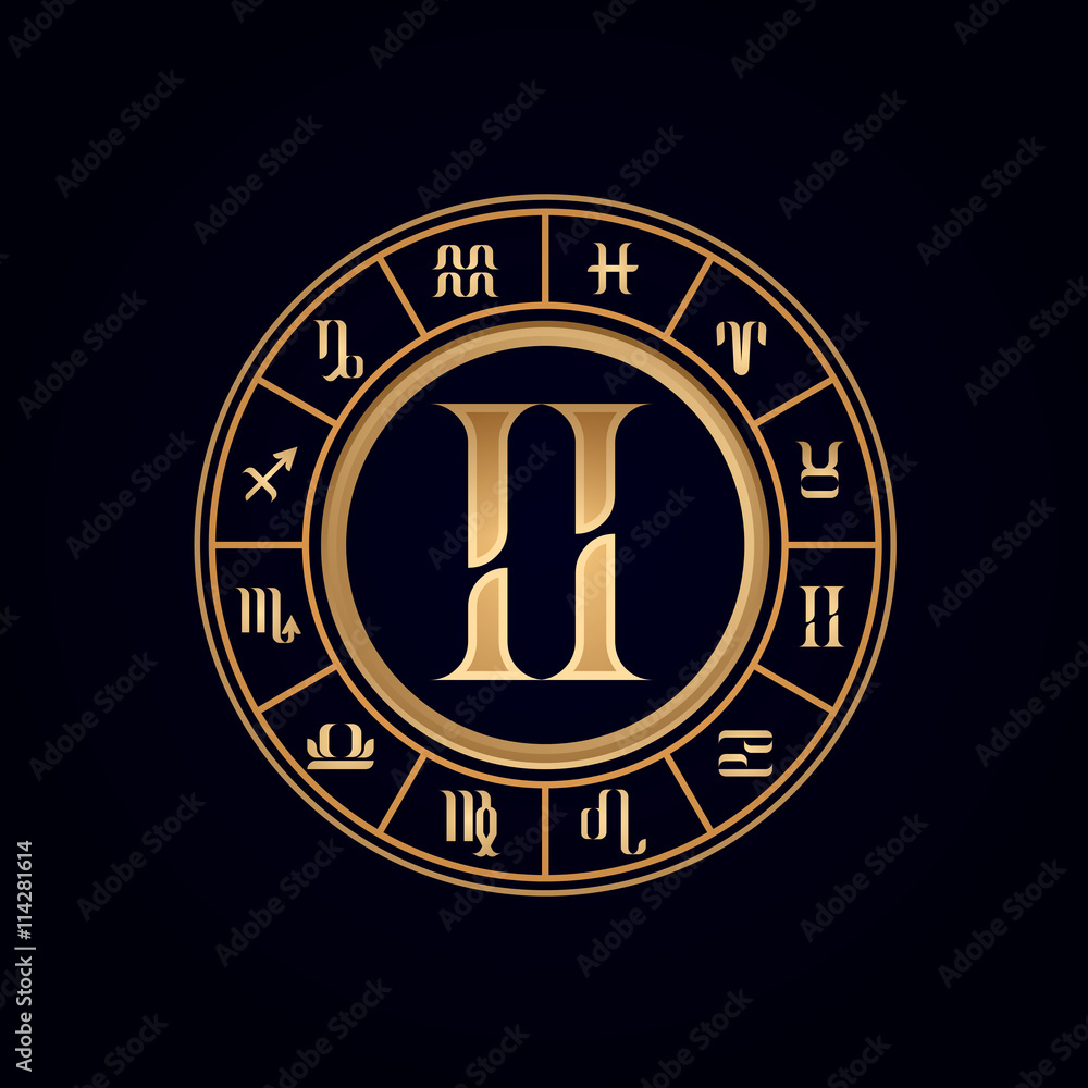 Gemini ,Luxury 12 Zodiac wheel cycle sign, designed using gold line color on dark blue background Gemini ,Luxury 12 Zodiac wheel cycle sign, designed using gold line color on dark blue background