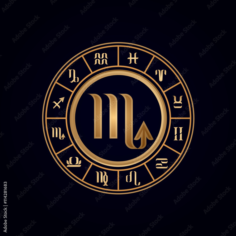 Scorpio ,Luxury 12 Zodiac wheel cycle sign, designed using gold line color on dark blue background