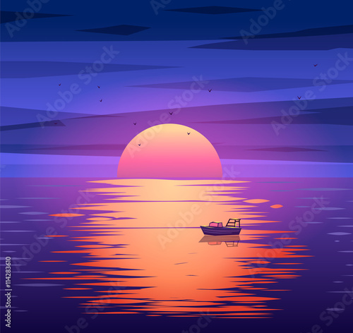 Fishing boat sunset vector background concept