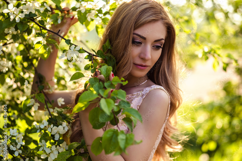 beautiful young woman in a summer dress near blooming trees beautiful young woman in a summer dress near blooming trees