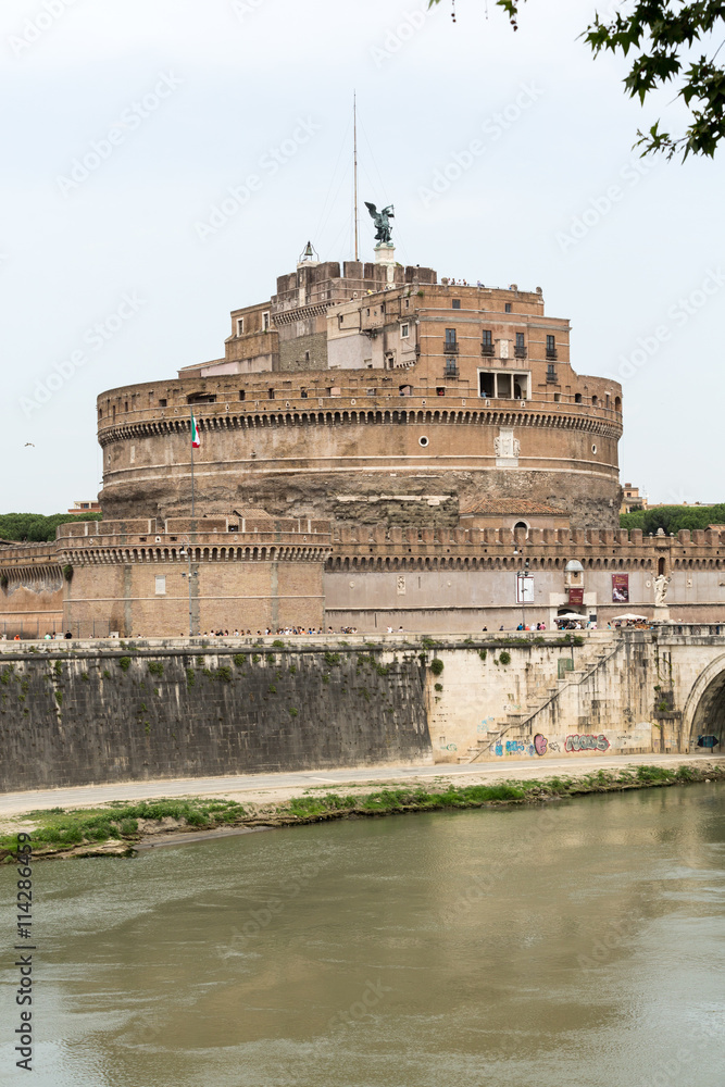 Rome - View of Castel Sant'Angelo, Castle of the Holy Angel built by Hadrian in Rome, along Tiber River