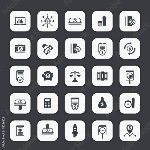 25 finance icons, investing, venture capital, shares, stocks, investor, portfolio, funds, investment, income, vector illustration