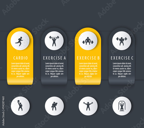 Gym training, workout, 4 steps, infographics elements, with fitness icons, dark version, vector illustration