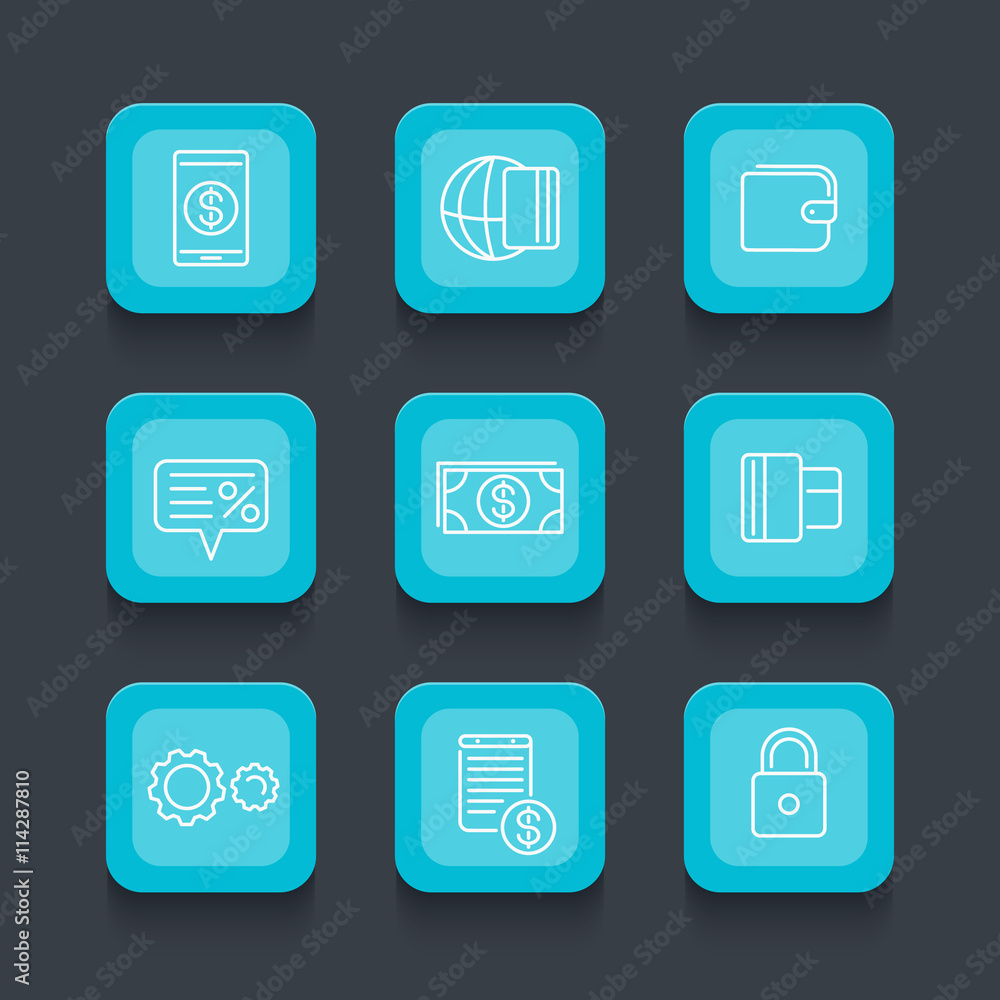 Payment methods line icons set, wallet, electronic payment, credit card, pay with smartphone, vector illustration Payment methods line icons set, wallet, electronic payment, credit card, pay with smartphone, vector illustration