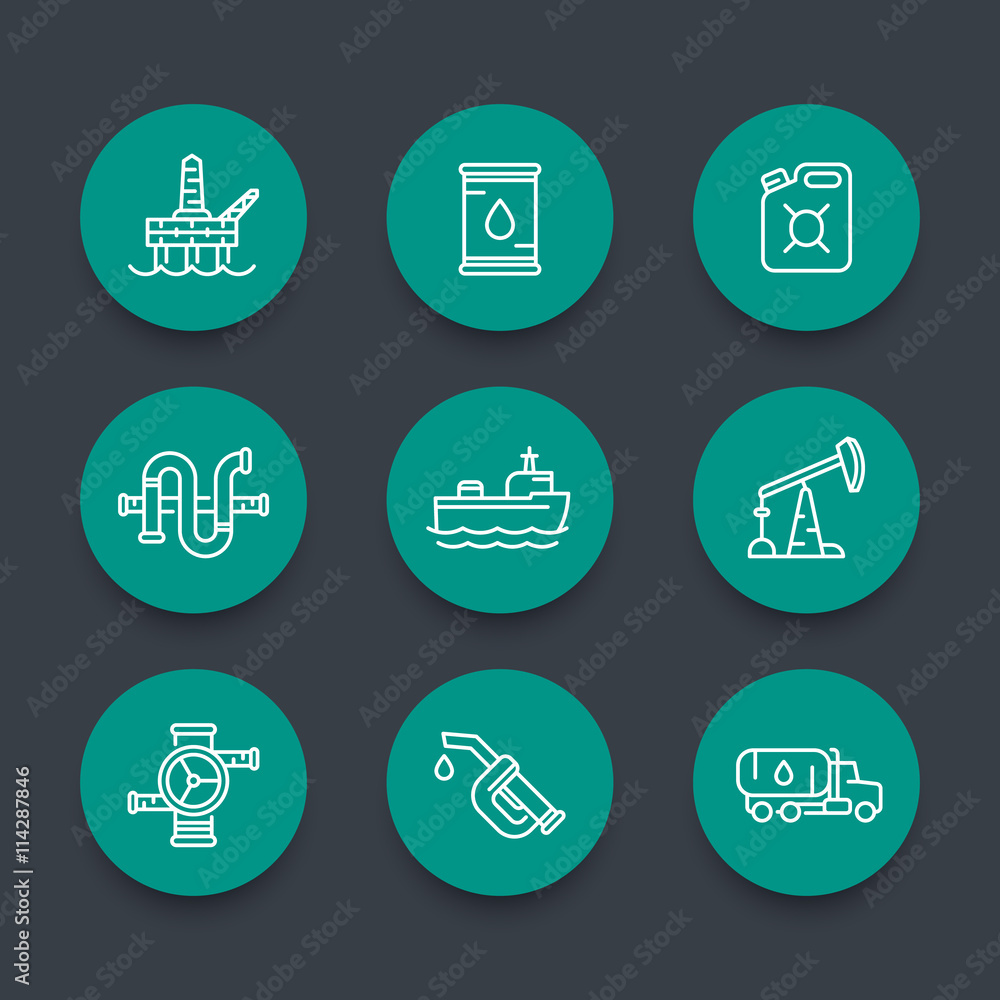 Petroleum industry line icons, barrel, oil and gas production platform, rig, derrick, oil tanker ship, gasoline nozzle, petrol can, vector illustration Petroleum industry line icons, barrel, oil and gas production platform, rig, derrick, oil tanker ship, gasoline nozzle, petrol can, vector illustration