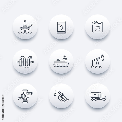 Petroleum industry line icons, oil rig, derrick, pipeline, barrel, drilling platform, oil tanker, gasoline nozzle, petrol can, vector illustration