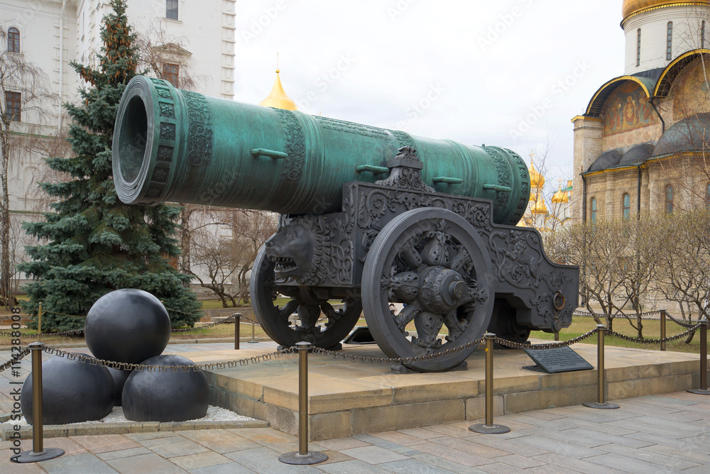 The Tsar cannon close-up cloudy april day. Moscow, Russia The Tsar cannon close-up cloudy april day. Moscow, Russia