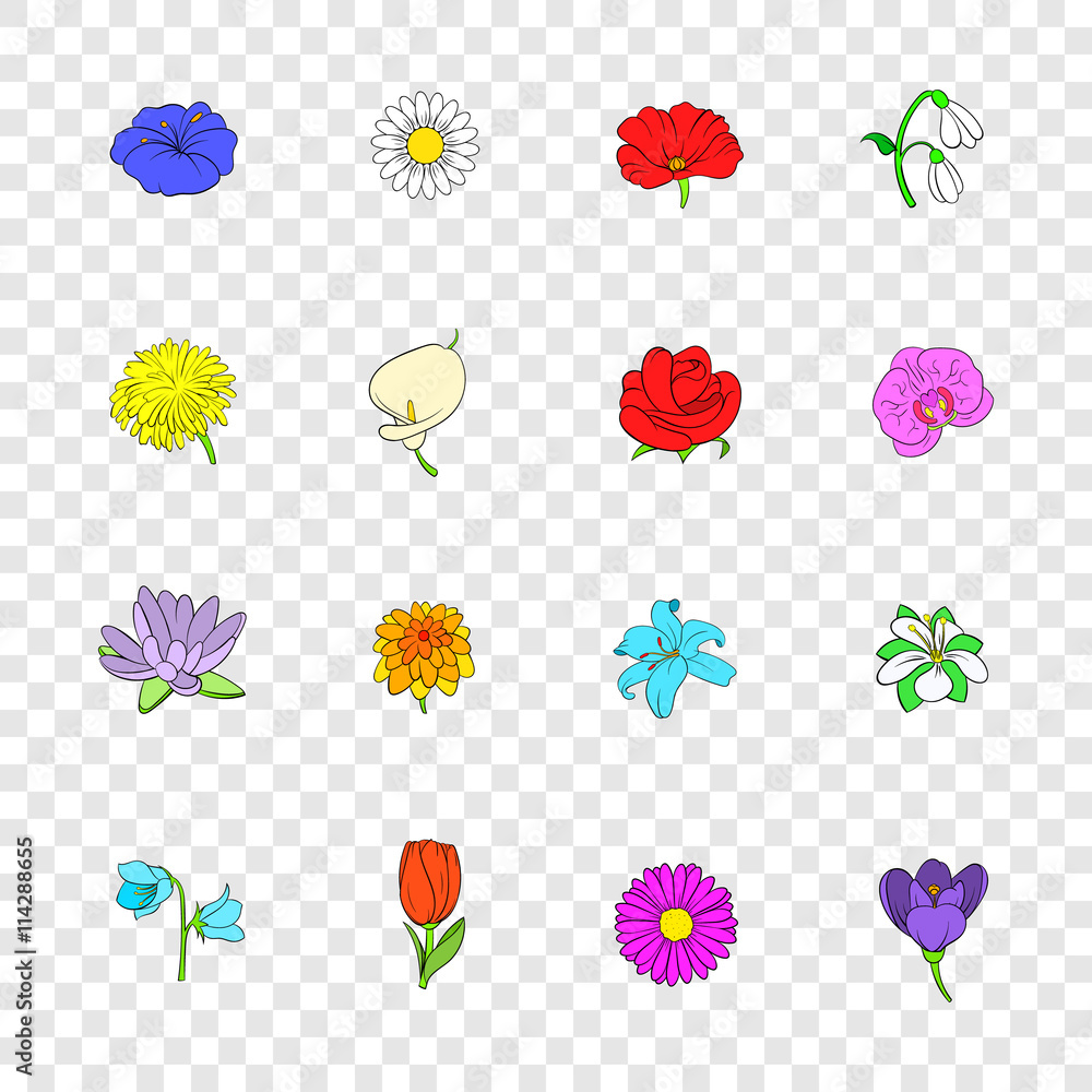 Flower icons set, pop-art style