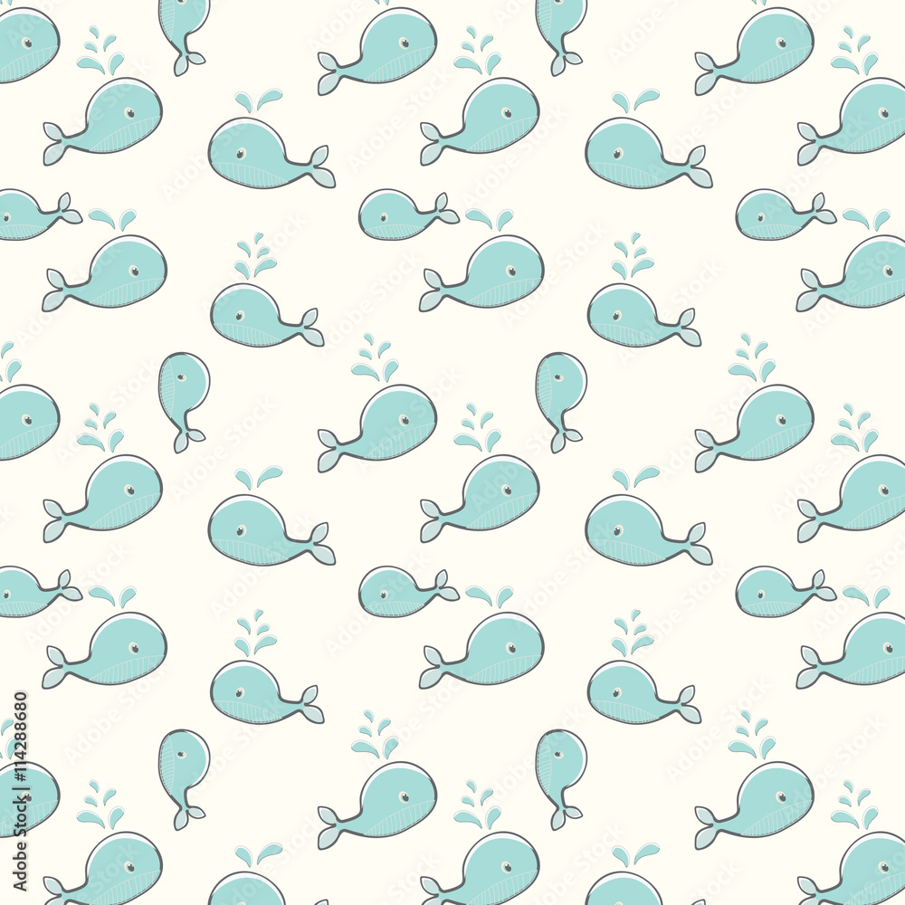 Fototapeta premium Cute background with cartoon blue whales. Baby shower design. Seamless pattern can be used for wallpapers, pattern fills, surface textures.