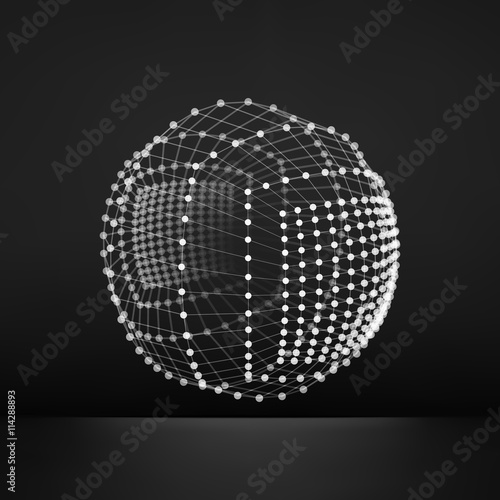 Sphere with Connected Lines and Dots. Global Digital Connections. Globe Grid. Wireframe Illustration. 3D Technology Style. Networks. © Login