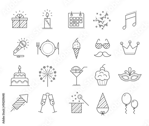 Party icons. Celebration vector illustration. Thin line icons for party