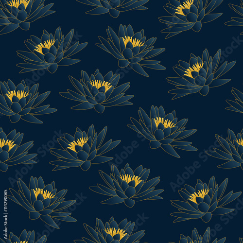 Fototapeta Naklejka Na Ścianę i Meble -  water lily dark blue and gold pattern