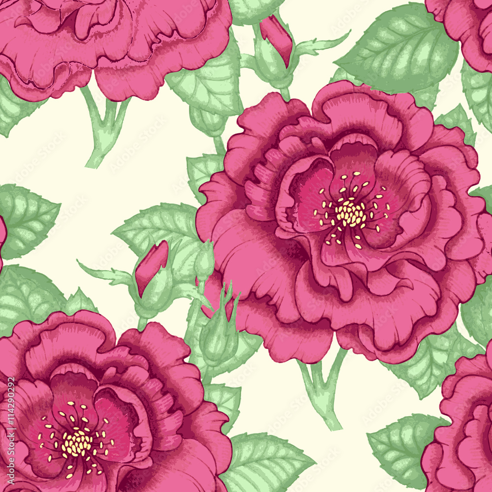 Seamless pattern with roses. - obrazy, fototapety, plakaty 