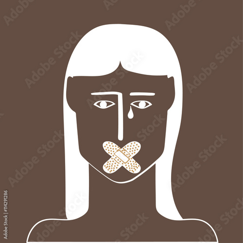 Woman or girl who is unable to voice her opinion because of sticking plaster across her mouth as a metaphor for equality and feminism