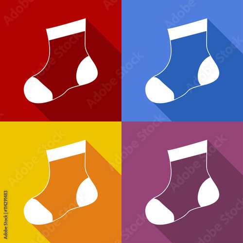 Icono plano calcetin bebé con sombra en varios colores