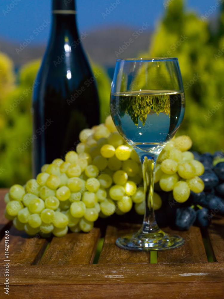 The glass of white wine, the bottle and grapes on wooden table