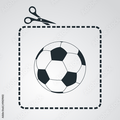 Icono plano tijeras cortando cupón con balón de futbol en fondo degradado