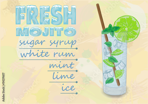 Nice mojito of ice cold glass on a color background. Soda with w