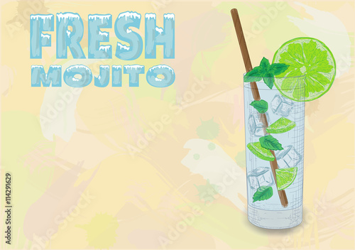 Nice glass of ice cold mojito on a black background. Soda with w
