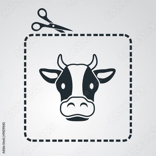 Icono plano tijeras cortando cupón con cabeza de vaca en fondo degradado