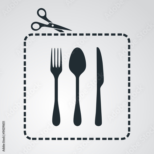 Icono plano tijeras cortando cupón con cubiertos en fondo degradado