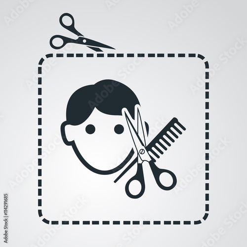 Icono plano tijeras cortando cupón con peluqueria hombre en fondo degradado