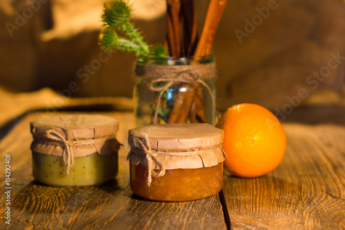 Banana and orange jam in the glass jar