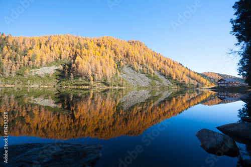 Reflections on water  autumn panorama from mountain lake