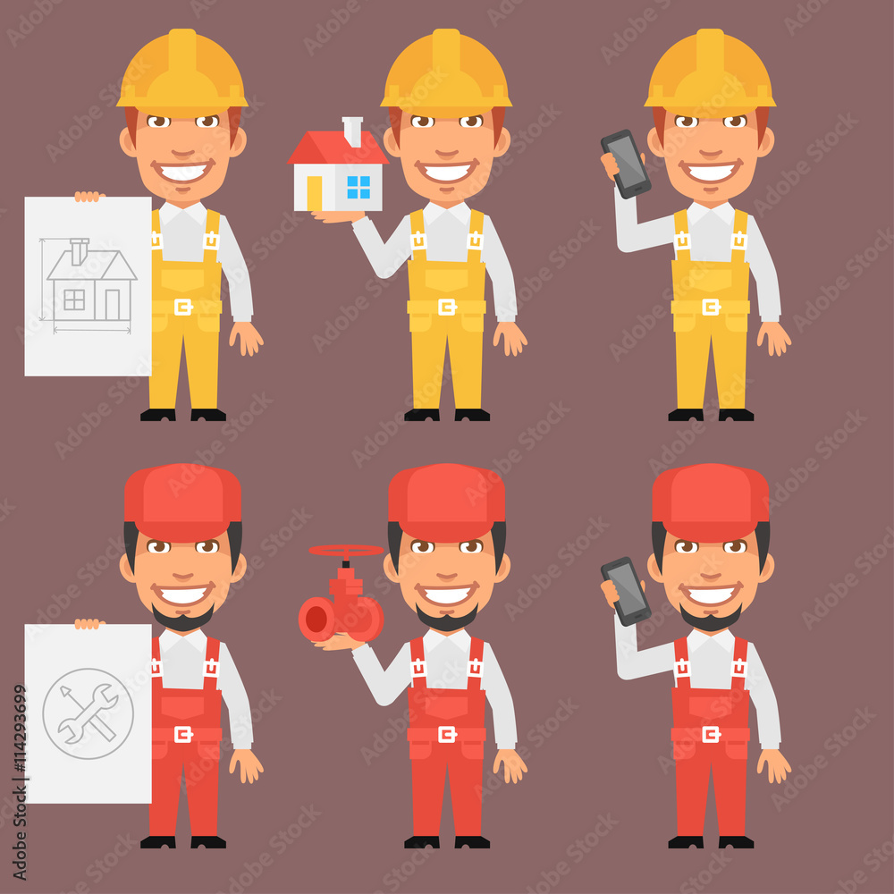 Builder and Repairman Holds Phone Poster Builder and Repairman Holds Phone Poster