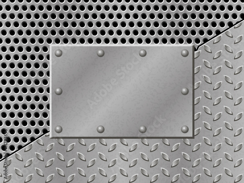 Rusty perforated Metal Background with plate and rivets. Metallic grunge texture. Steel, iron, aluminum surface template. Abstract techno vector illustration.