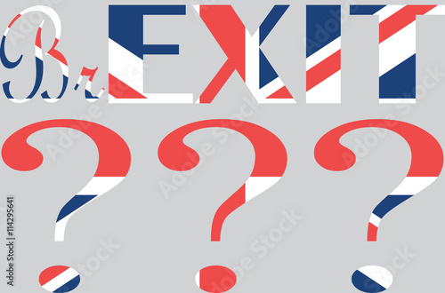 Brexit poster with question signs in colors of stat national flag of Great Britain. Great britain votes for exit or stay in European Union. National referendum event. United kingdom votes
