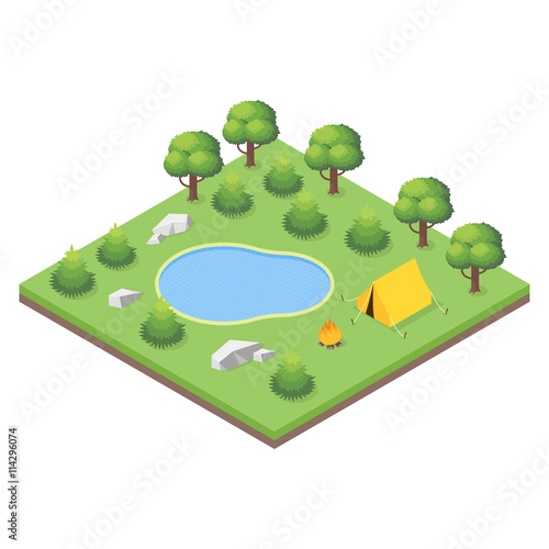 Isometric 3d illustration of forest camp.