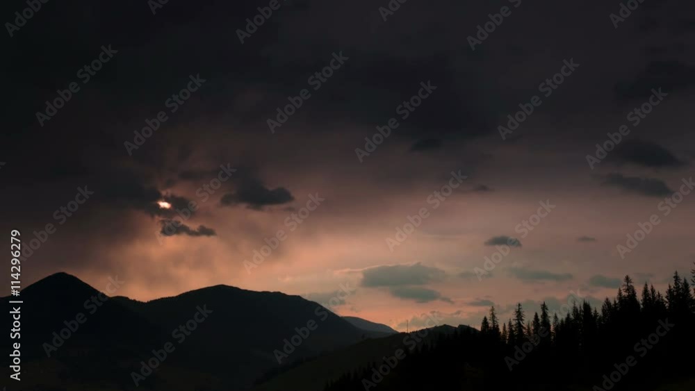 4K.Evening red sun in mountains. Time lapse without birds. 4K.Evening red sun in mountains. Time lapse without birds.