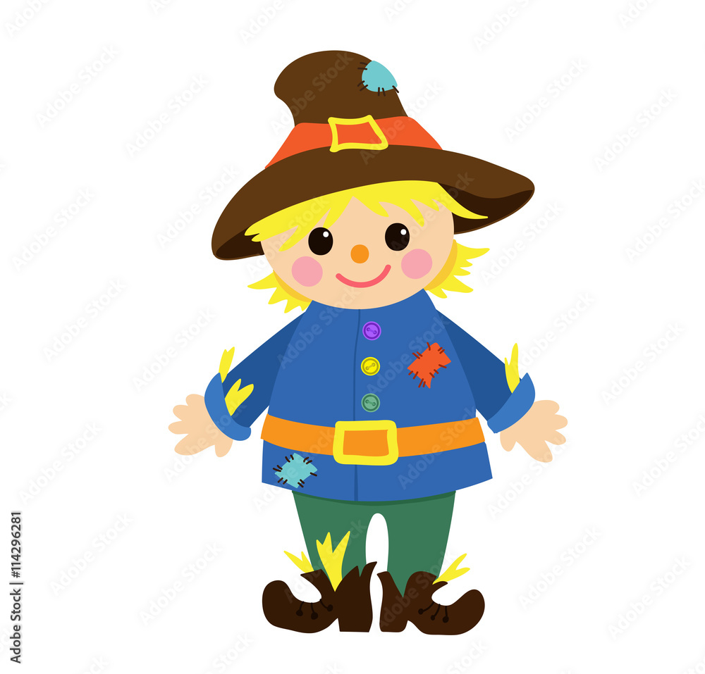 Cartoon happy scarecrow. Vector illustration isolated on white background.
