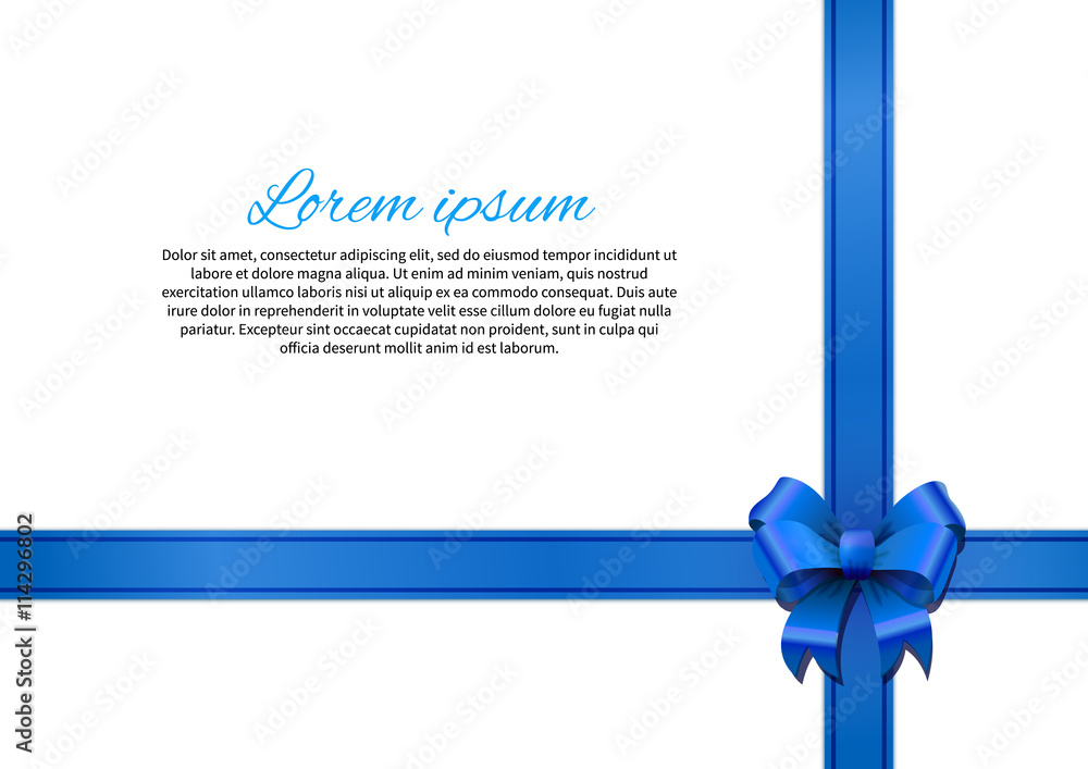 White post card with blue bow and ribbon White post card with blue bow and ribbon