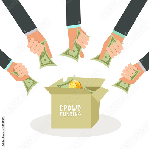 Crowdfunding concept in flat style. A lot of hands giving money for new business project. Vector colorful illustration in flat style isolated on white