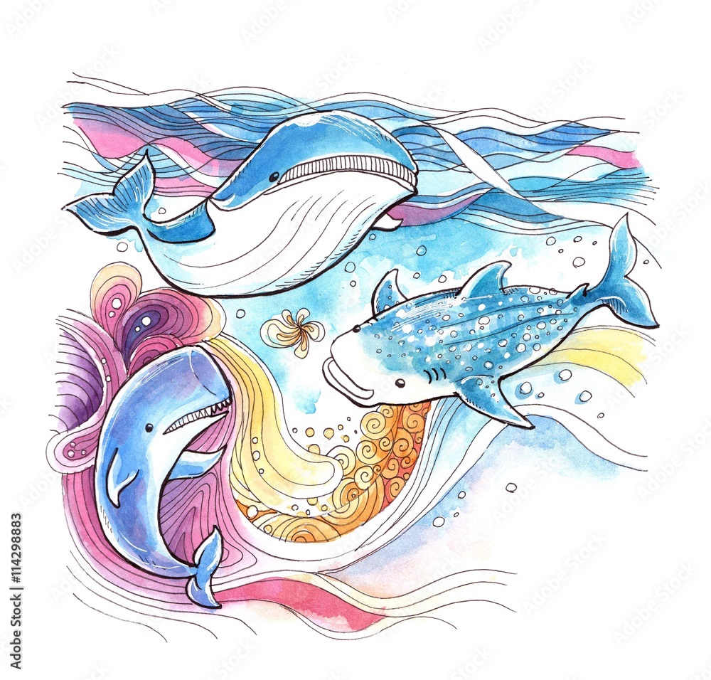 Naklejka premium Whales colourful watercolor painting with abstract moving background