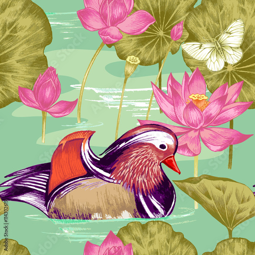  Seamless pattern with birds and flowers.