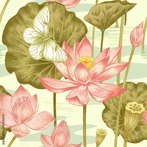  Seamless pattern with flowers and butterflies.