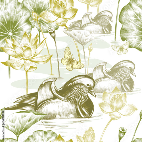  Seamless pattern with birds and flowers.
