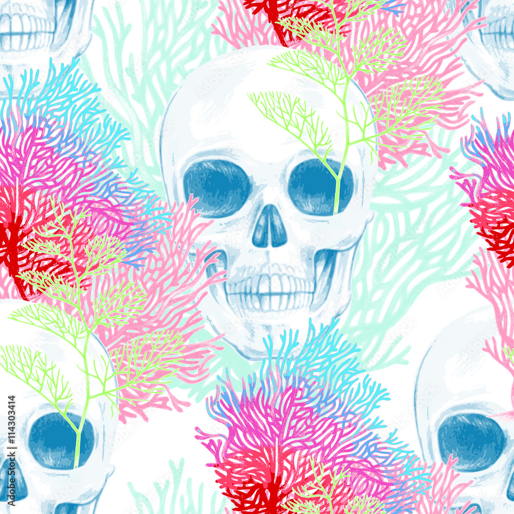 Seamless vector pattern with coral and skull.