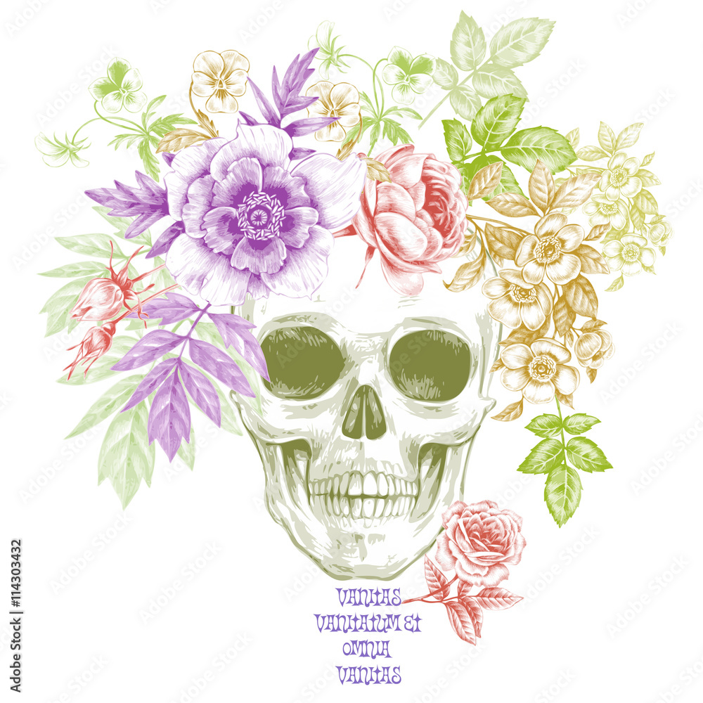 Fototapeta premium Vector illustration of the skull and flowers.