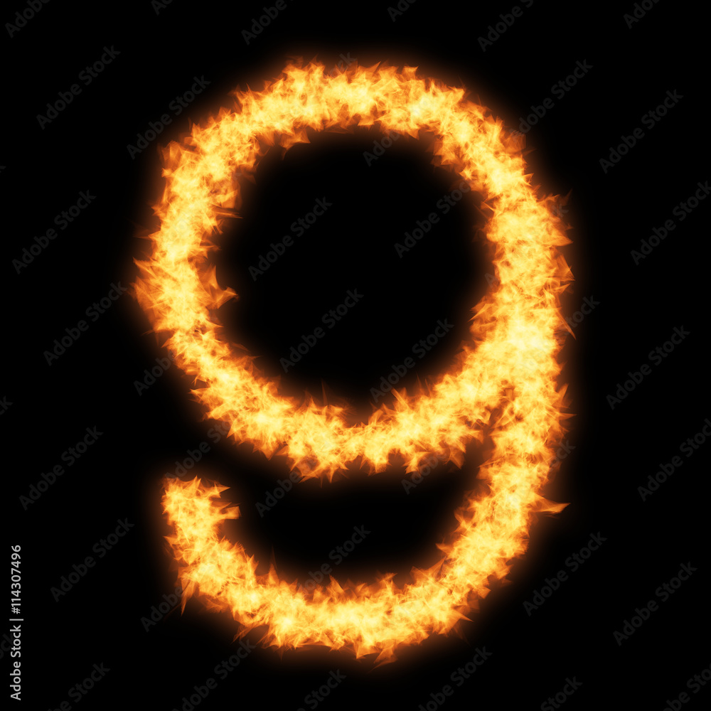 Digit number 9 with fire on black background- Helvetica font based Digit number 9 with fire on black background- Helvetica font based