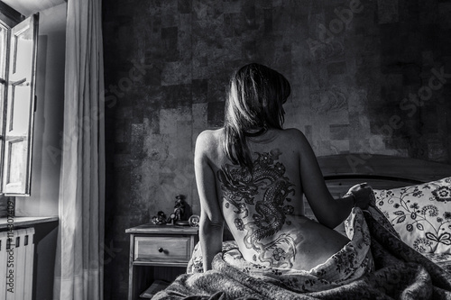 Samolepka Black and white portrait of tattooed girl