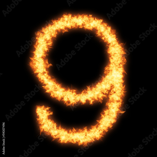 Digit number 9 with fire on black background- Helvetica font based