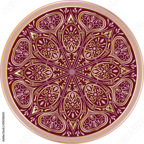Drawing of a floral mandala in turquoise, maroon and gold colors on a white background