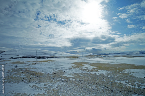 Snow mountain landscape of the grasslands