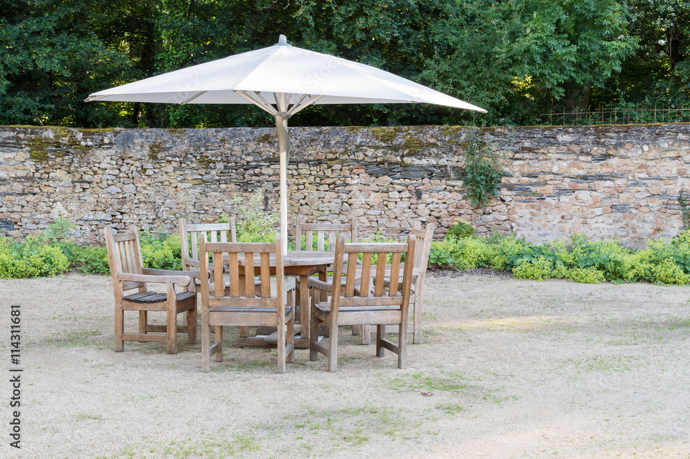 Garden furniture: patio set with a parasol